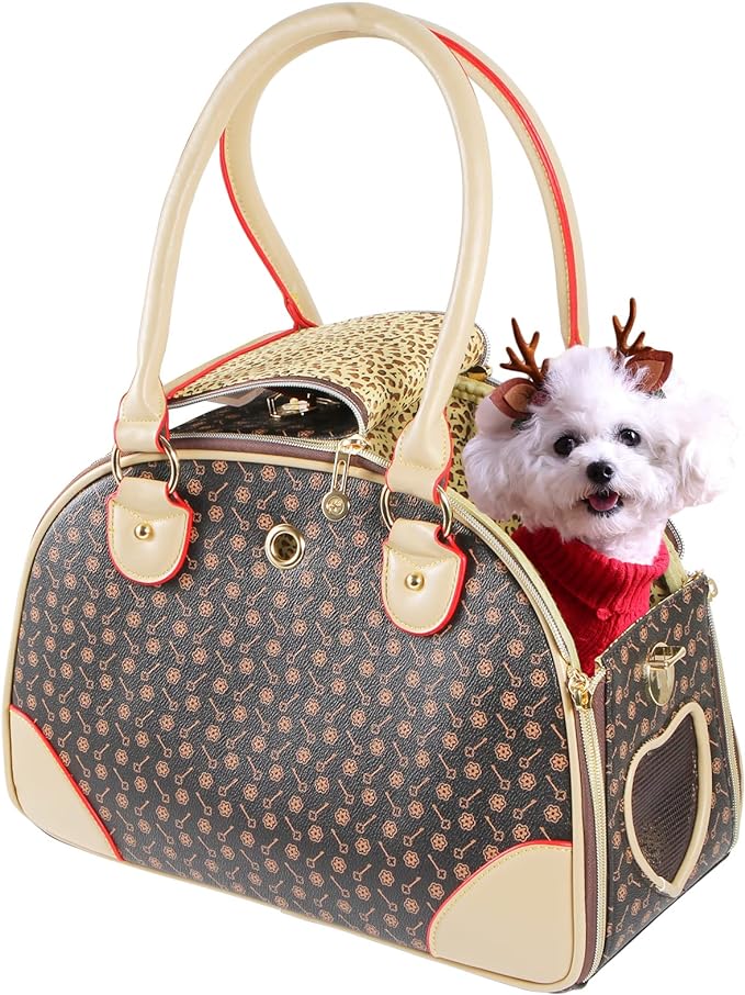 Fashion Dog Carrier PU Leather Dog Handbag Dog Purse Cat Tote Bag Pet Cat Dog Hiking Bag, Brown, Small 38 * 23 * 17cm