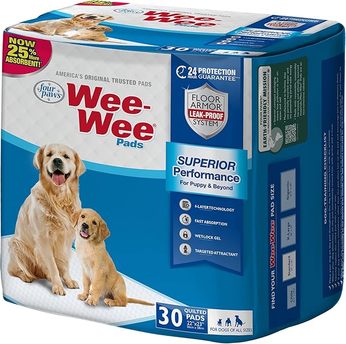 Four Paws Wee-Wee Superior Performance Pee Pads for Dogs of All Sizes, Leak-Proof Floor Protection Dog & Puppy Quilted Potty Training Pads, Unscented, 22" x 23" (30 Count)