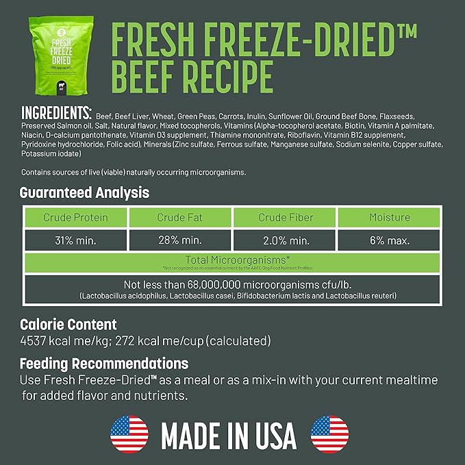 Gut Health Fresh Freeze Dried Raw Meal, Beef Recipe, 32 Ounce Bag, Dog Food for Dogs of All Breeds and Life Stages, USDA Beef, Made in USA