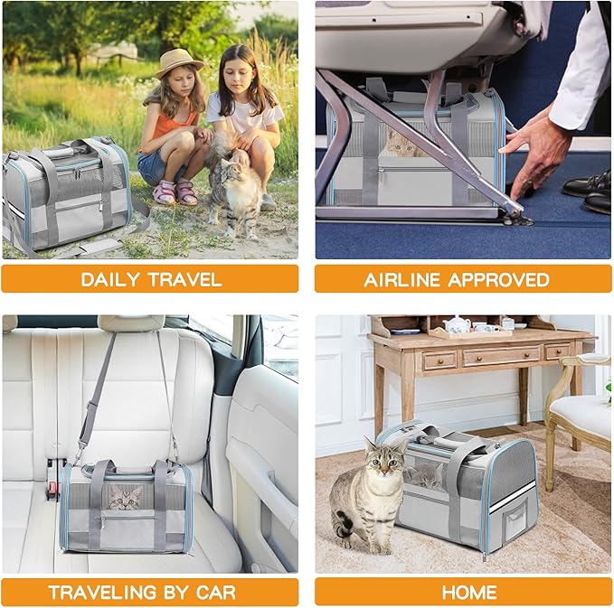 Cat Carrier Dog Carrier Pet Carrier Airline Approved for Small Dogs Medium Cats Puppies Under 15 lbs, Collapsible Soft Sided Dog Travel Carriers for Puppy and Kitten, Light Grey