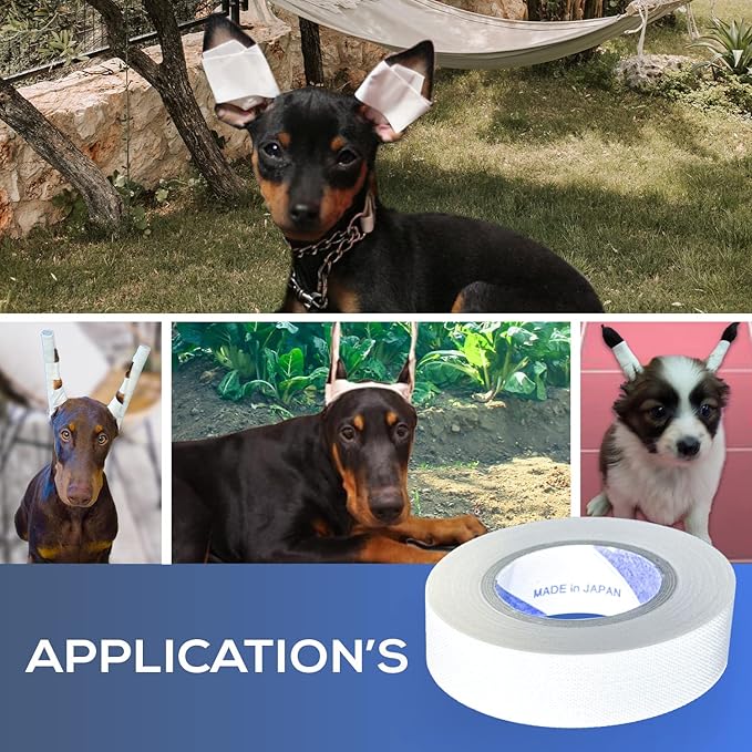 Ear Tape for Dogs 5 Pack with Dog Ear Cleaner Cotton Swabs, Self Adhesive Cotton Tape for Dog Ear Protection and Support, Ear Care Set for Dogs (Tape Width_0.5 inch(12mm))