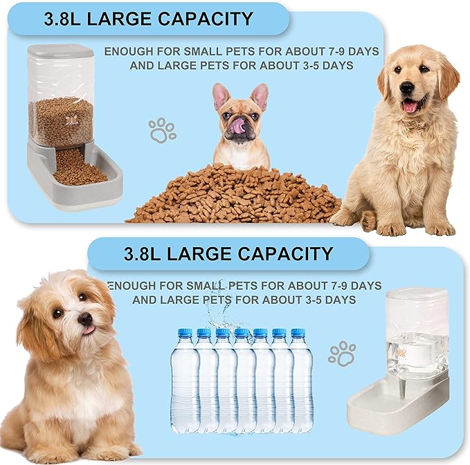 Automatic Dog Cat Gravity Food and Water Dispenser Set with Pet Food Bowl for Small Large Pets Puppy Kitten Rabbit Large Capacity(White & Gray, 3.8L)