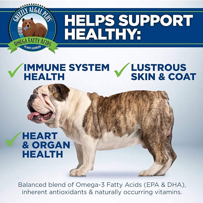 Grizzly Algal Plus Omega Fatty Acids Supplement for Dogs & Cats, 32 Fl Oz - Vegan, Plant-Sourced & Made in USA Algal Oil Omega 3-6-9, Healthy Skin & Coat