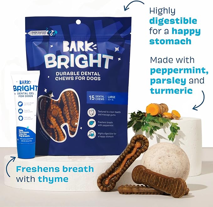 Bark Bright Durable Dental Chews Kit - Dog Tooth Brushing Treatment with Teeth Cleaning Chew Sticks & Toothpaste - Plaque & Tartar Remover for Cleaner Teeth & Fresh Breath - Large Breeds - 15 Chews