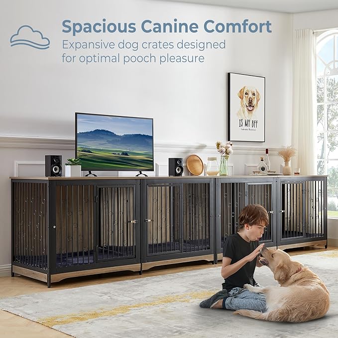 70.86'' Dog Crate Furniture Large Breed TV Stand with Cushion & Double Rooms,Wooden Dog Kennel Dog Crate End Table with Removable Divider for Large Medium Dogs, Grey
