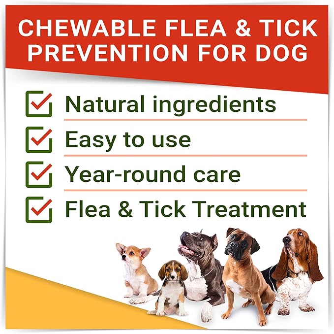 Natural Flea & Tick Prevention for Dogs Chewable Tablets - Flea & Tick Control Supplement - Oral Flea Pills for Dogs - All Breeds and Ages - Soft Chews Made in USA