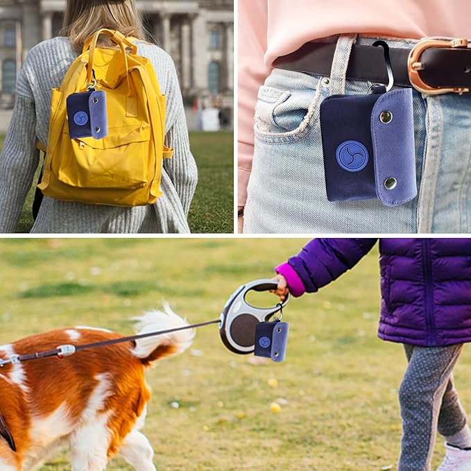 Dog Poop Bag Holder, Portable Dog Poop Bag Dispenser with 1 Metal Clip, Blue Button Canvas Poop Pag Polders for Leashes