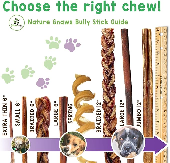 Gnaws Nature Bully Sticks for Dogs - Premium Natural Beef Dental Bones - Long Lasting Dog Chew Treats for Aggressive Chewers - Rawhide Free - Mixed Thickness 11-12