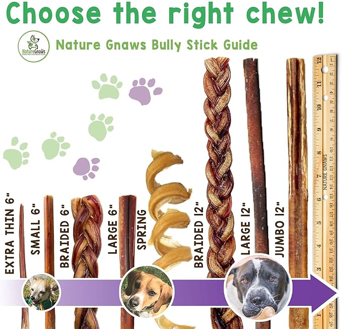 Gnaws Nature Bully Sticks for Dogs - Premium Natural Beef Dental Bones - Long Lasting Dog Chew Treats for Aggressive Chewers - Rawhide Free - Mixed Thickness 11-12