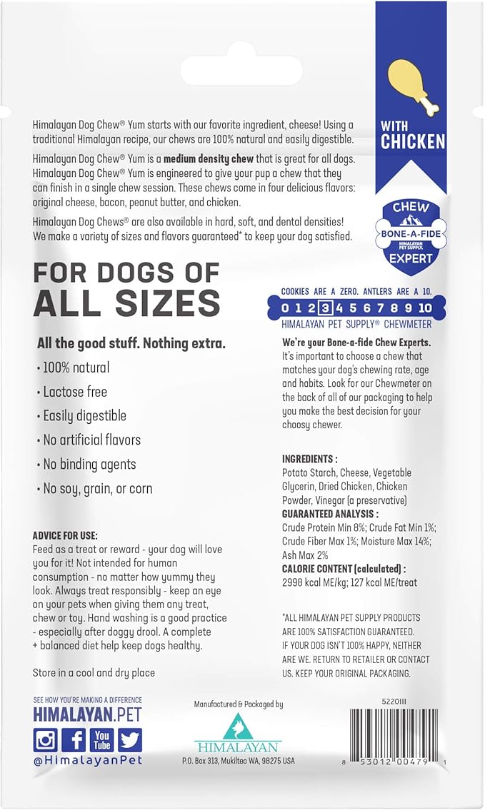 Himalayan Dog Chew Original Yak Cheese Dog Chews, 100% Natural, Long Lasting, Gluten Free, Healthy & Safe Dog Treats, Lactose & Grain Free, Protein Rich, Chicken Flavor, 4.5 oz Resealable Pouch