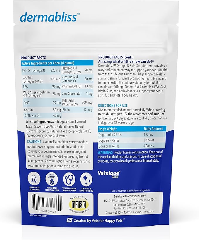 Vetnique Dermabliss Omega & Skin Health Fish Oil for Dogs Soft Chews Healthy Skin & Coat for Dogs with Biotin & DHA - Hickory Salmon Dog Treats (30ct Chews)