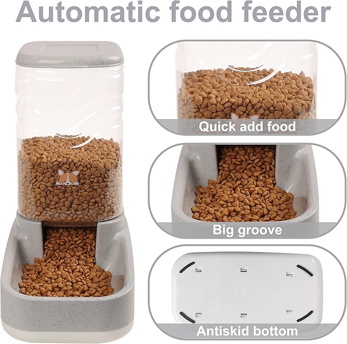 Automatic Dog Cat Gravity Food and Water Dispenser Set with Pet Food Bowl for Small Large Pets Puppy Kitten Rabbit Large Capacity(White & Gray, 3.8L)