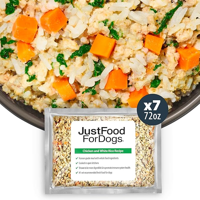 JustFoodForDogs Frozen Fresh Dog Food, Complete Meal or Dog Food Topper, Chicken & White Rice Human Grade Dog Food Recipe, 72 oz (Pack of 7)