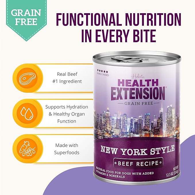 Health Extension Dog Food, New York Style Beef Recipe - 12.5 oz, Grain Free, Added Vitamins and Minerals, for All Life Stages, Vet Formulated, Improve Gut Health, Immune Support (Case of 12 Cans)