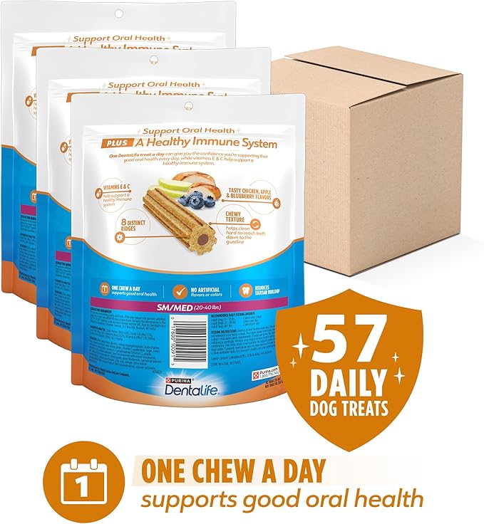 Dentalife Purina Plus Immune Support Chicken, Apple and Blueberry Flavor Small/Medium Dog Dental Chews - (Pack of 3) 19 ct. Pouches