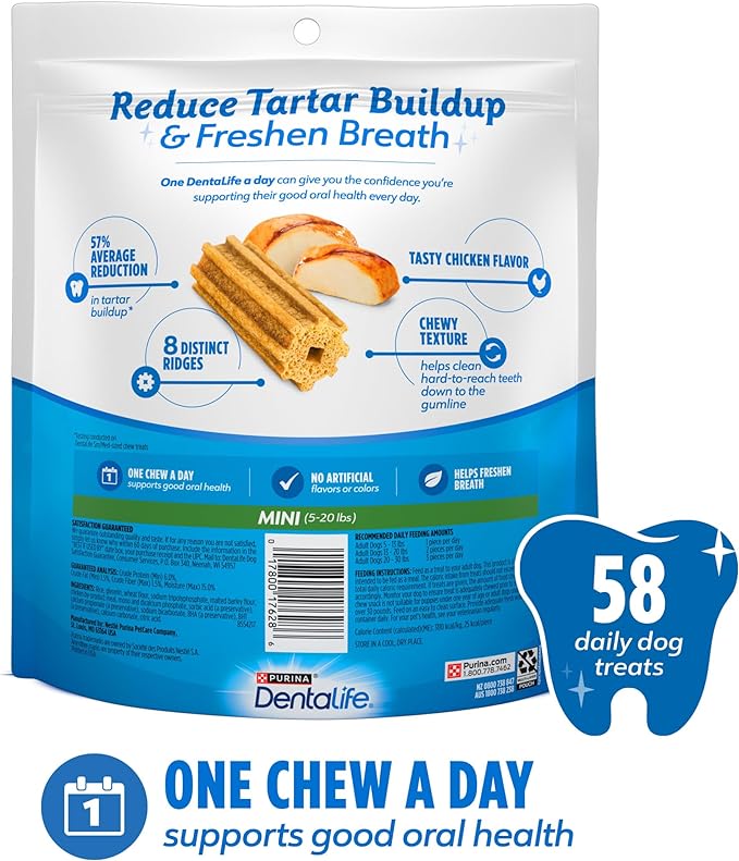Purina Dentalife Daily Oral Care Chicken Flavor Toy Breed Dog Dental Chews - 58 ct. Pouch