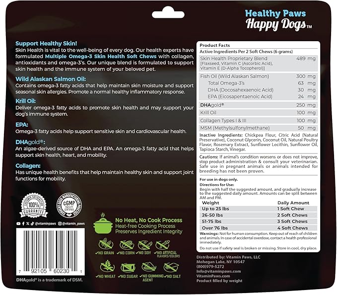Multiple Omega 3 Chews for Dogs | Wild Alaskan Salmon Fish Oil Supplements with Collagen, MSM, Krill, EPA, DHA, | Essentials for Itching Skin Allergy, Joints, Coat Shedding Support