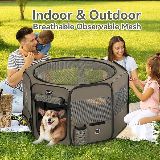 PETSFIT Dog Playpen, 36" Dia Sturdy Foldable Puppy Playpen for Dogs Cats Indoor/Outdoor, Portable Pet Playpen with Carring Case, Removable Mesh Zipper Top and Waterproof Playpen Mat Grey-Black M