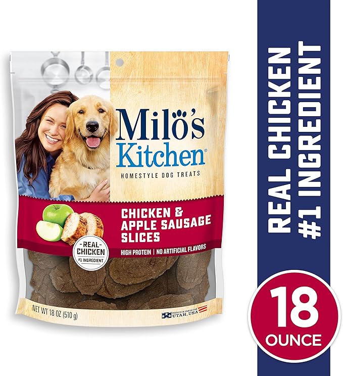 Milo's Kitchen Homestyle Dog Treats, Chicken & Apple Sausage Slices, 18 Ounce, High Protein, No Artifical Flavors