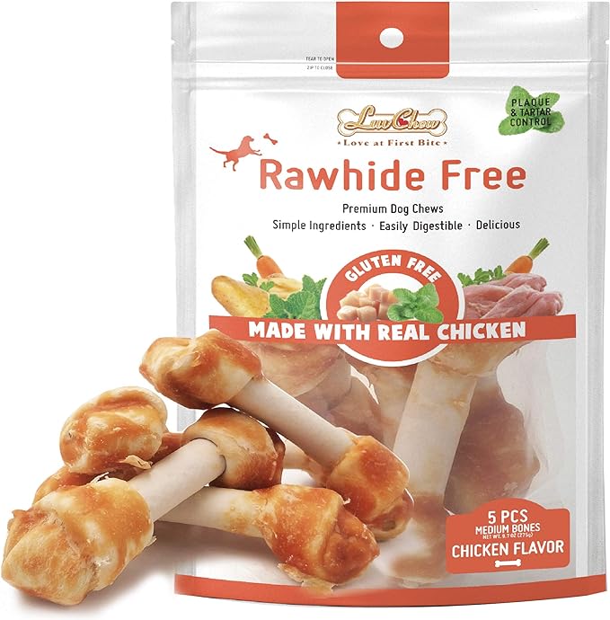 Chicken Dog Chew Bones Medium, Rawhide Free, Grain Free, Made with Real Chicken & Wholesome Vegetables, Knotted Bones Medium 5pcs/pack