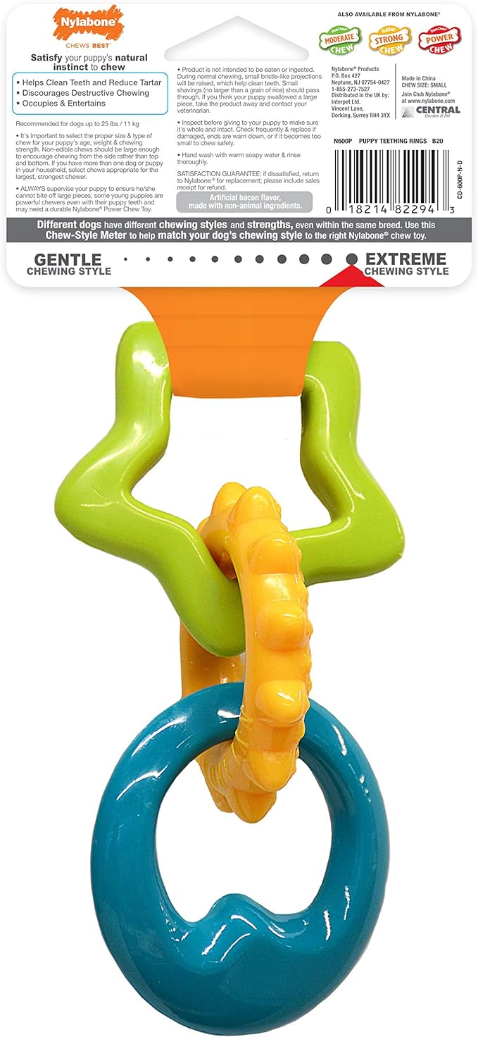Nylabone Puppy Power Rings Chew Toy - Tough and Durable Puppy Chew Toy for Teething - Puppy Supplies - Bacon Flavor, Small (1 Count)
