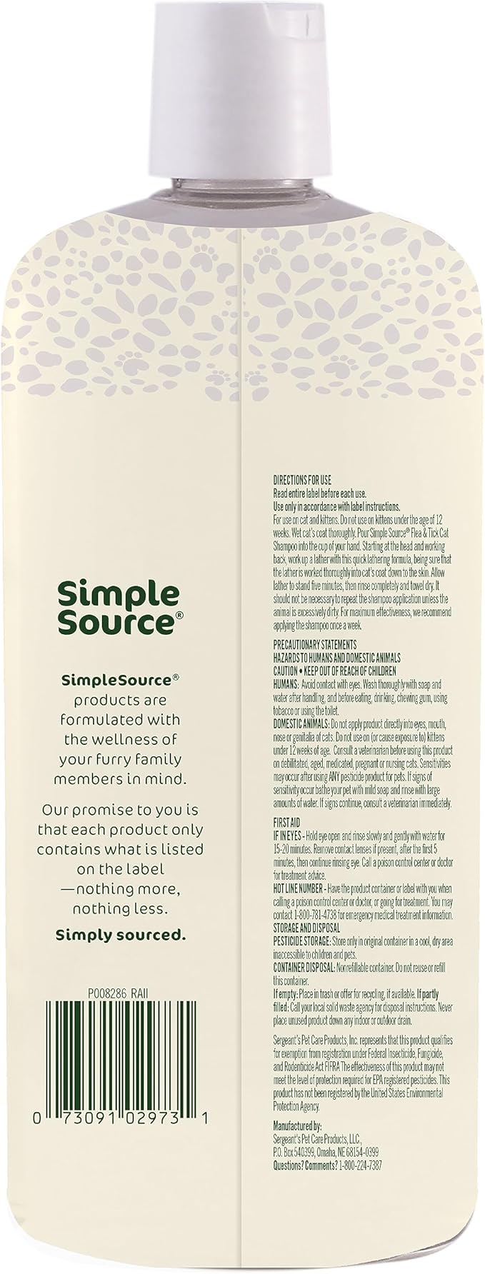 SimpleSource® Flea & Tick Shampoo for Cats, Powered by Plants, Kills Fleas, Flea Eggs, Flea Larvae, Ticks, & Mosquitos, Cleans & Deodorizes, 12oz Bottle