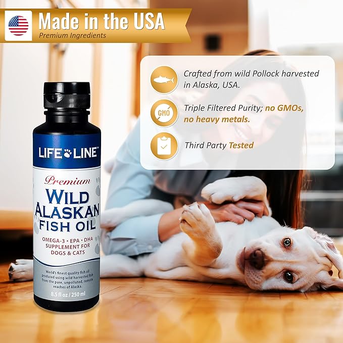Life Line Pet Nutrition Wild Alaskan Fish Oil Omega-3 Supplement for Skin & Coat – Supports Brain, Eye & Heart Health in Dogs & Cats, 8.5oz