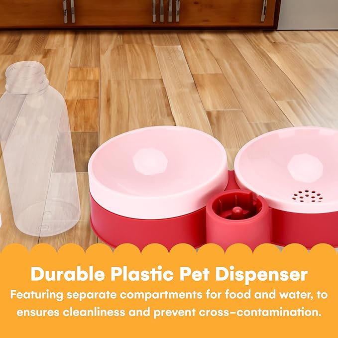 Noa Store Pet Food and Water Dispenser - 2 Removable Bowls - Gravity-Fed Drinking System for Cats and Dogs - 12x7x8 inches - Easy-to-Clean Feeder - Continuous Water Flow - Cat Feeding Station - Pink