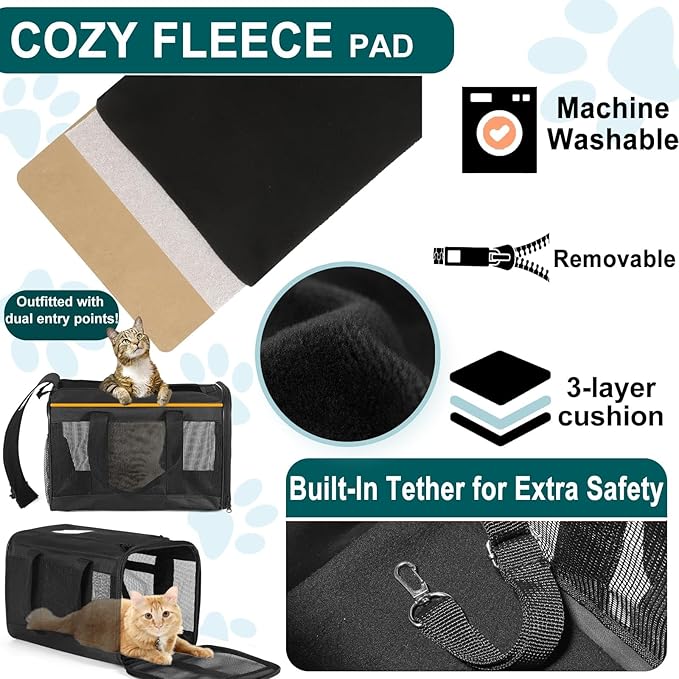 Cat Dog Pet Carrier for Medium to Large Cats (20+ lbs) and Small Dogs -Top Loading, Portable & Collapsible Cat Travel Bag Dual Kitten Sturdy Crate for Long Journeys