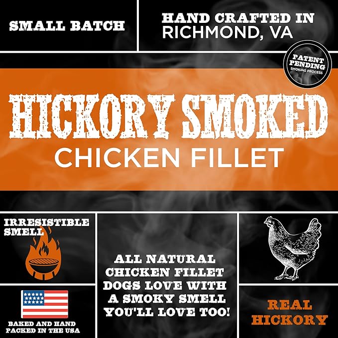Premium Hickory Smoked Chicken Jerky Dog Treats - Dehydrated Chicken Breast Fillet Treats for Dogs - No Additives 100% Natural Protein, Chicken Jerky Treats, Dog Chews - Grain Free Dog Treats, 8 oz