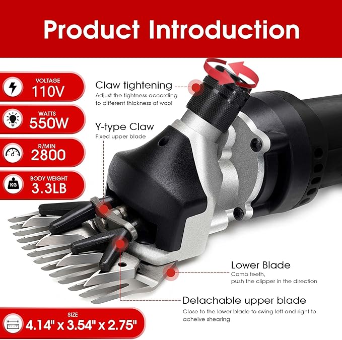 Sheep Shears Electric 550W - Upgraded Professional Sheep Clippers One Blade, 6 Speed Heavy Duty Livestock Haircut for Grooming Sheep Goats Large Dog Thick Coats Animals No Lubricant(Black)