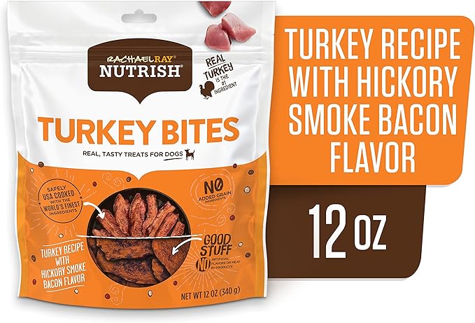 Rachael Ray Nutrish Turkey Bites Real Meat Grain Free Dog Treats, Turkey Recipe with Hickory Smoked Bacon Flavor, 12 Ounces (Packaging May Vary)