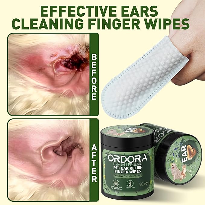 ORDORA PET Ear Finger Wipes for Dogs & Cats - Gently Remove Ear Wax, Debris - Sooths & Deodorizes - Relieve Ear Itching & Inflammation, Dog Ears Brushing Kit Dental Wipes - 50 Pcs