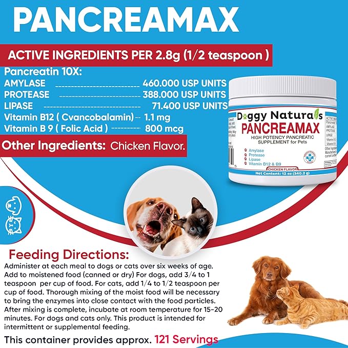 PancreaMax 10x Pancreatic Digestive Enzymes Supplement for Cats and Dogs(12 oz) Powder (Made in U.S.A).10x Pancreatin for Dogs Contain Pancreatic Enzyme | Pancreatin for Dogs (10x Porcine Pancreatin)