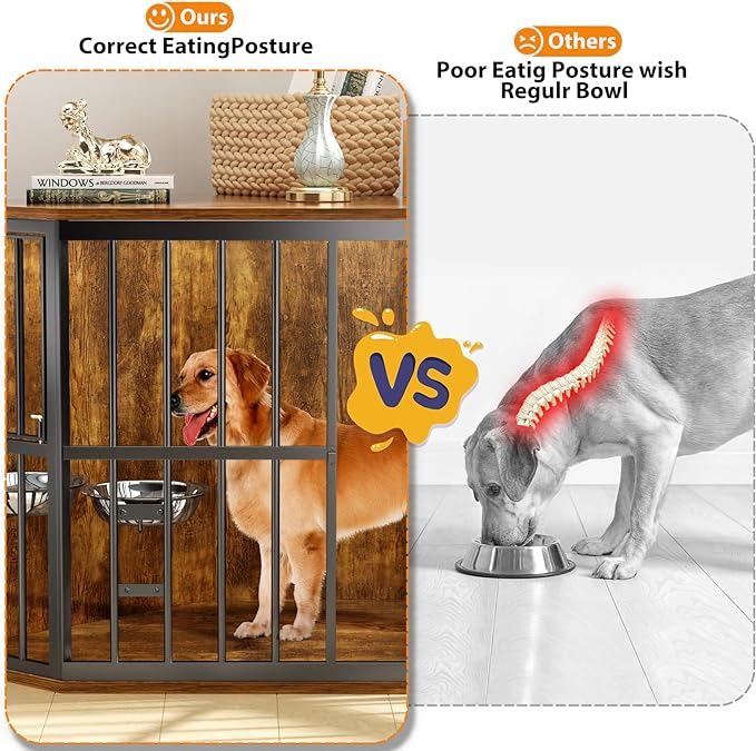 ROOMTEC 53 inch Furniture Dog Crate Corner, Dog Kennel Corner Wooden End Table with Bowl, Indoor Pet Crates Corner Side Table for Dogs, Wide Top Perfect for Limited Room