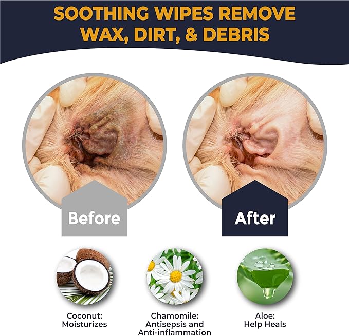 DOCO Dog Ear Wipes - All Natural Finger Veterinary Pet Ear Wipes with Eucalyptus, Aloe - 50 Count