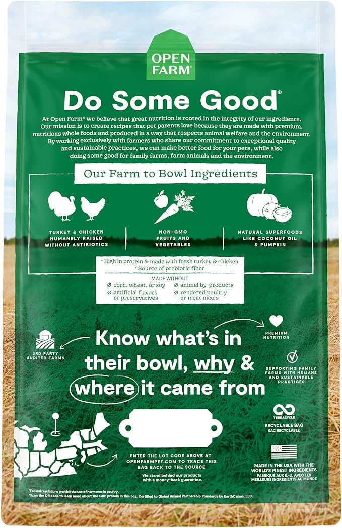 Open Farm Homestead Turkey and Chicken Grain-Free Dry Dog Food, 100% Certified Humane Poultry Recipe with Non-GMO Superfoods and No Artificial Flavors or Preservatives, 22 lbs