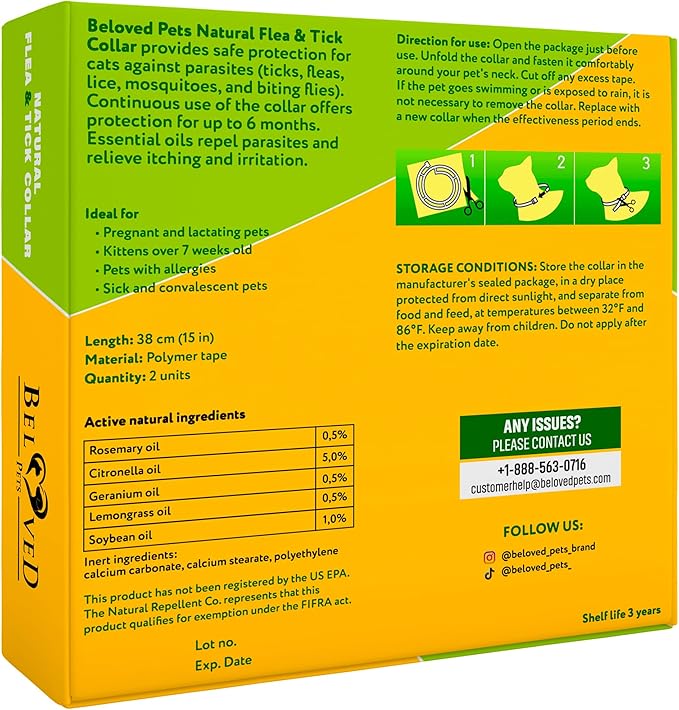Natural Flea & Tick Collar for Cats - 12 Months Control of Best Prevention & Safe Treatment - Anti Fleas and Ticks Essential Oil Repellent (2 pack)