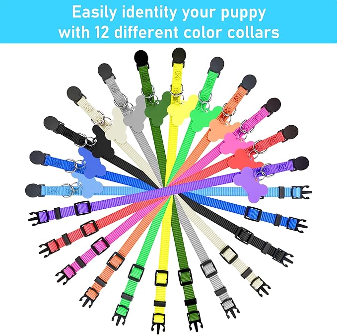 GAMUDA Puppy Collars ID Tags – Super Soft Whelping Puppy ID - Adjustable Breakaway Litter Collars Pups – Assorted Colors Plain & Identification Collars with 2 Record Keeping Charts - Set of 12 (S)