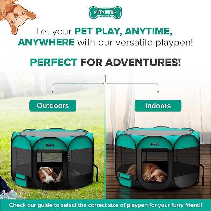 Ruff 'N Ruffus Portable Foldable Pet Playpen + Carrying Case & Collapsible Travel Bowl | Indoor/Outdoor use | Water Resistant | Removable Shade Cover (Extra Large)