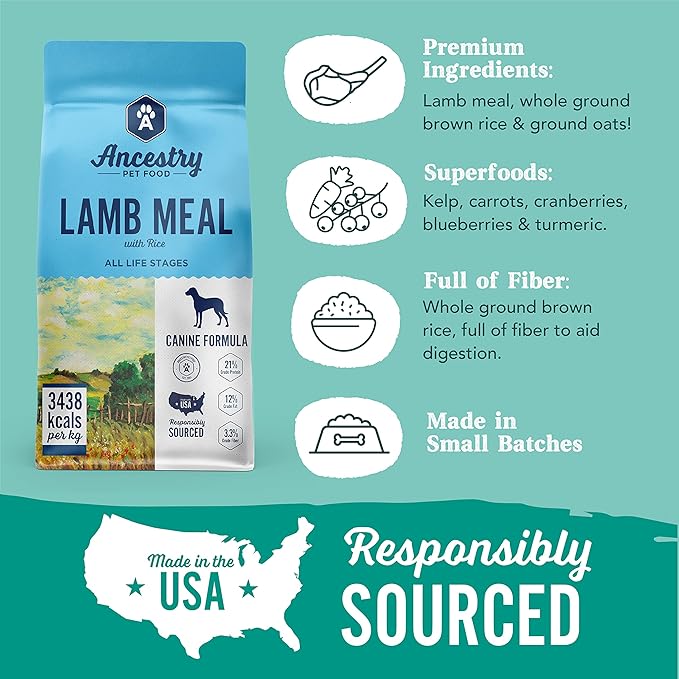 Ancestry Dog Food, Lamb Meal & Brown Rice Formula, Crude Protein, Fiber & Fat, For All Life Stages, Wholesome Grains Dry Dog Food, Support Skin & Coat, Improve Gut Health, Immune Support (12 lb. Bag)
