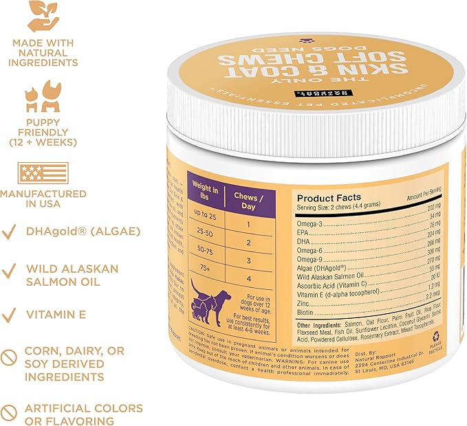Natural Rapport Dog Skin and Coat Supplement - The Only Skin and Coat Soft Chews Dogs Need - 120ct Treats That Contain Salmon Oil and Omegas 3, 6, & 9 for a Healthy Coat