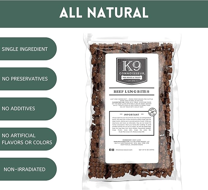 K9 Connoisseur Low to Odor Free Slow Roasted Beef Lung Dog Treats Made in USA, One Ingredient Dog Treats & All Natural Dog Treats, Grain Free Dog Treats for All Breeds & Sizes - 8 Ounce