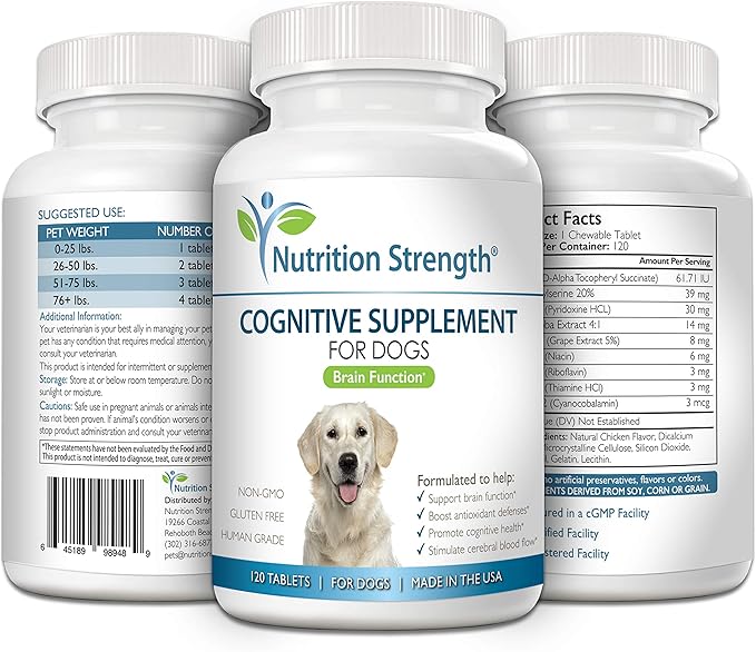 Cognitive Support for Dogs, Promotes Dog Brain Health, Mental Support for Old Dogs, Supplement for Dogs with Cognitive Difficulties, 120 Chewable Tablets