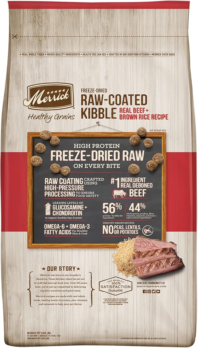 Merrick Healthy Grains Freeze Dried Raw Coated Kibble, Natural High Protein Dog Food, Beef and Brown Rice - 10.0 lb. Bag