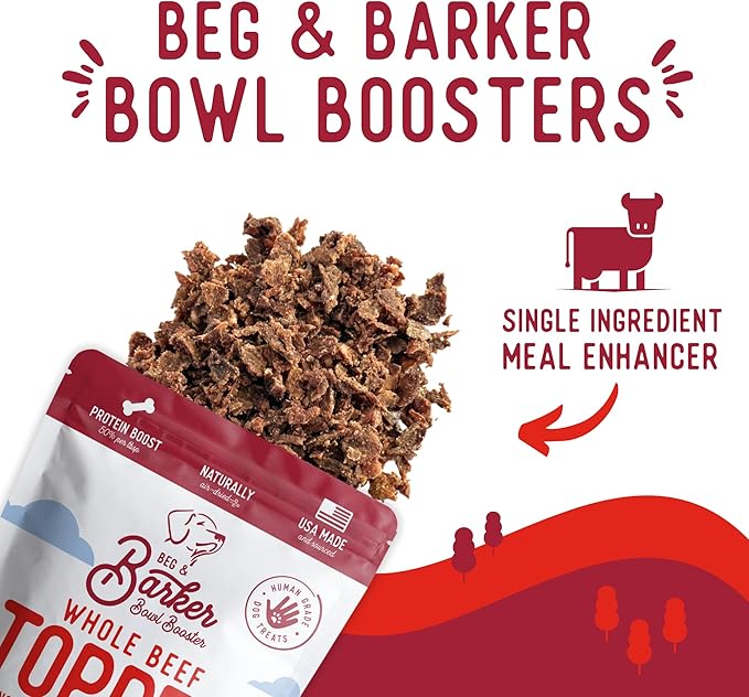 Beg & Barker Beef Dog Food Toppers for Picky Eaters (8 Ounce, Pack of 1) - Bowl Booster with Whole Beef Heart - Premium Meal Mixers for Dogs - Single Ingredient, Human Grade, Grain Free