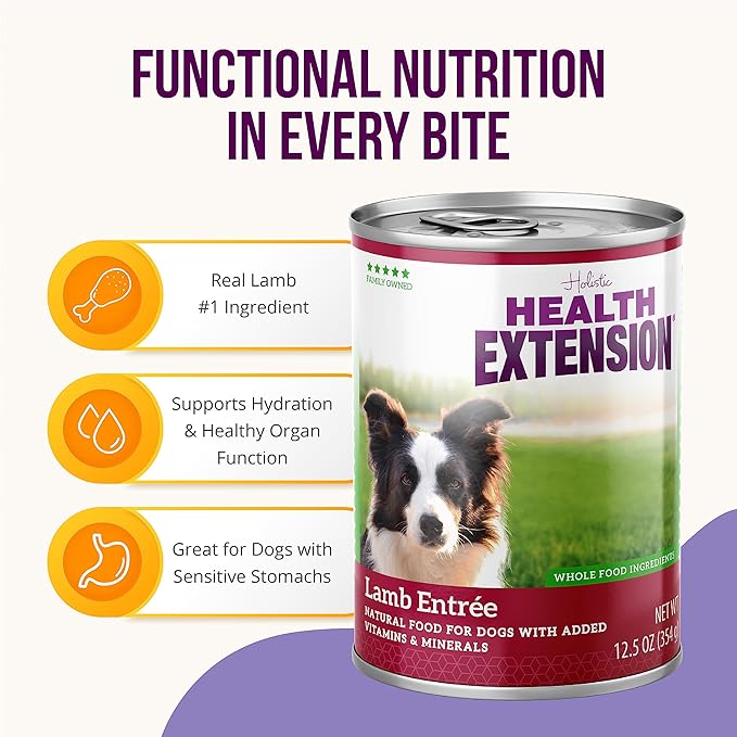 Health Extension Wet Dog Food Canned, Natural Food for all Puppies & Dogs with added Vitamins & Mineral, Lamb Entree (12.5 Oz / 374 g) (Pack of 12)