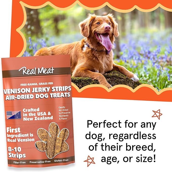 Real Meat Venison Jerky Dog Treats - 8 Air-Dried Strips of Jerky Treats for Dogs - Grain-Free Jerky Treats Dog Snacks with 95% Human-Grade Free-Range Grass Fed Venison - All-Natural Dog Jerky Strips