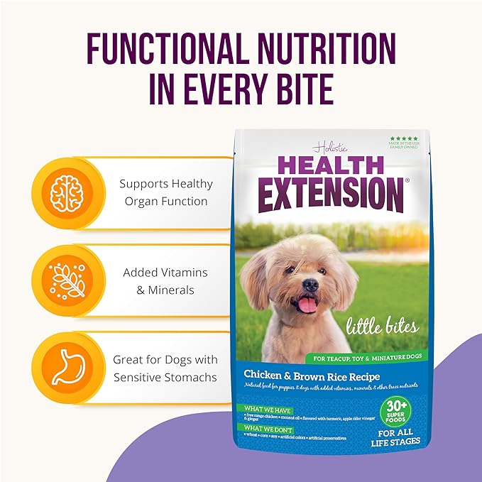 Health Extension Little Bites Dry Dog Food, Natural Food with Added Vitamins & Minerals, Suitable for Teacup, Toy & Small Dogs, Chicken & Brown Rice Recipe (10 Pound / 4.5 Kg)