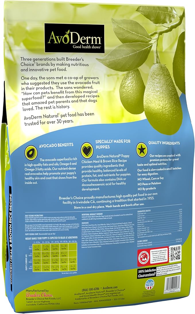 AvoDerm Puppy Dry Dog Food, DHA For Brain & Eye Development, Chicken & Brown Rice Formula, 15lb bag
